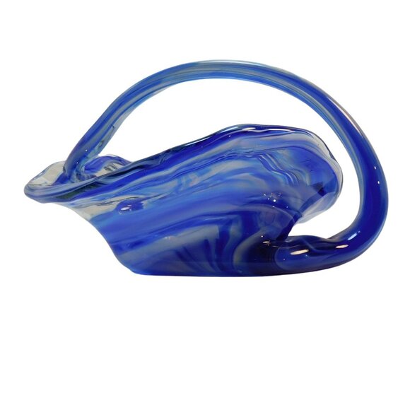 Hand Blown Art Glass Basket Bowl W/Handle Blue 6.5x5x4.5" - Picture 3 of 9
